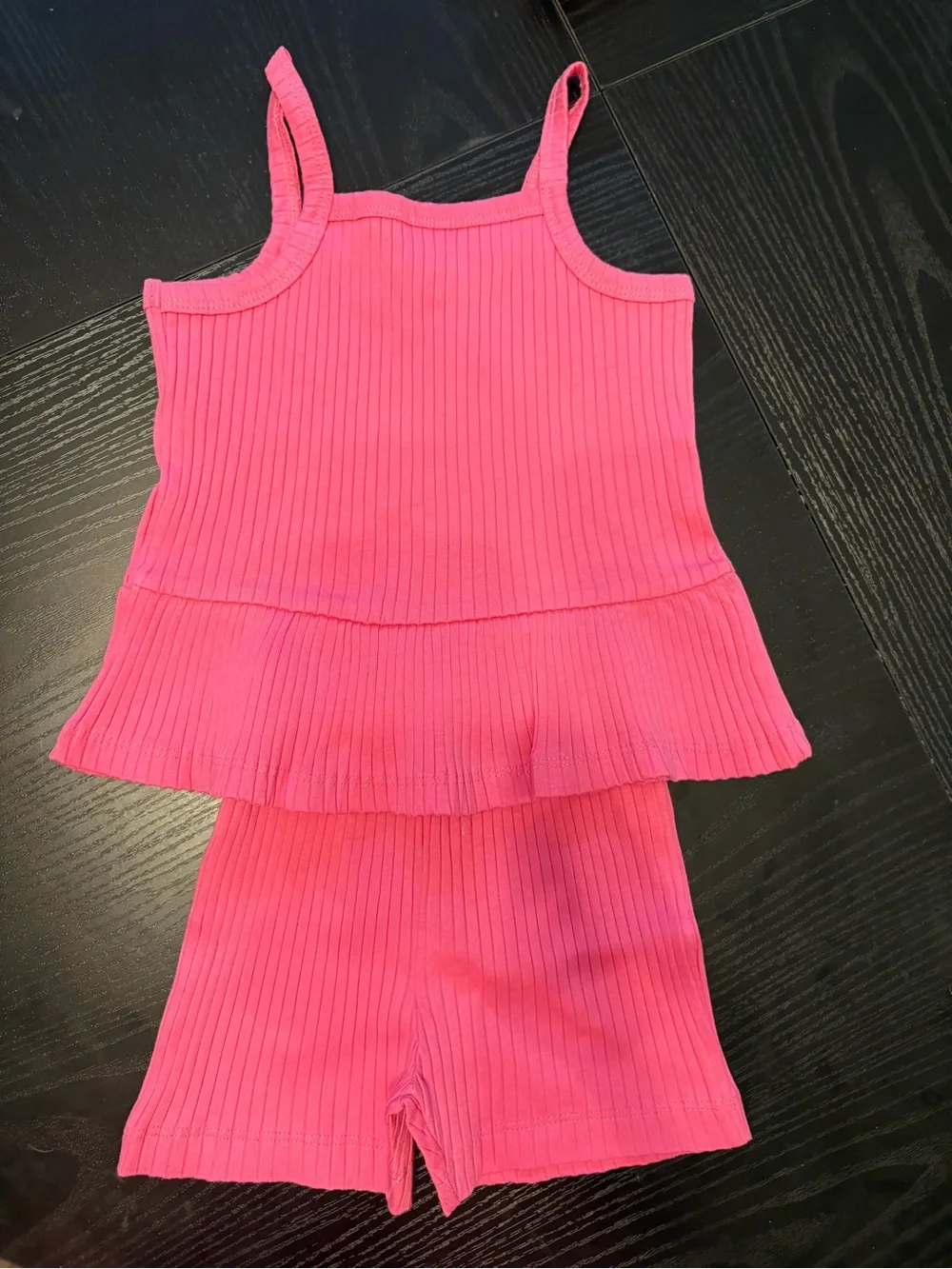 Girls Ribbed Peplum Tank & Shorts Set - Bright Pink